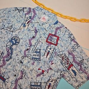 VTG Eber San Francisco M Mens Shirt 1990s Blue Abstract Art Military Buttons USA